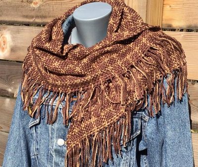 Primary image for Brown and beige bandana fringed scarf, woven on a tri-loom with ribbon yarns in a window pane pattern