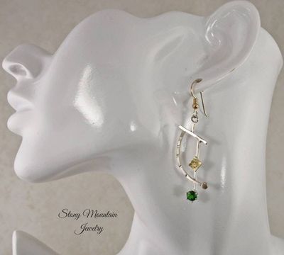 Alternate image for Chrome Diopside Earrings, Modern Mixed Metal Designer Earrings, Contemporary Handmade Artisan Statement Earrings