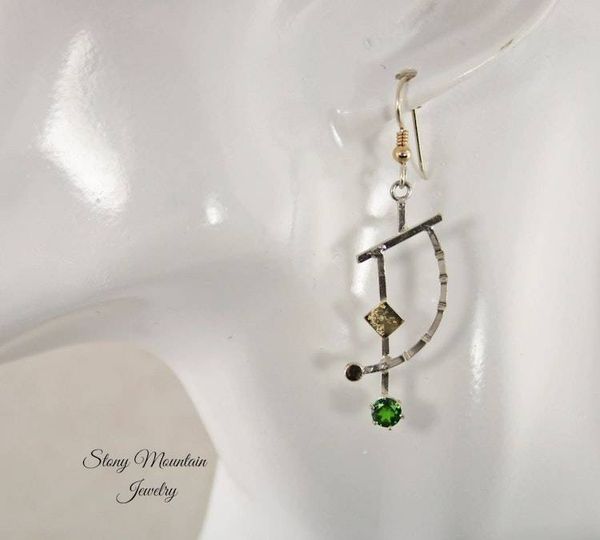 Alternate image for Chrome Diopside Earrings, Modern Mixed Metal Designer Earrings, Contemporary Handmade Artisan Statement Earrings