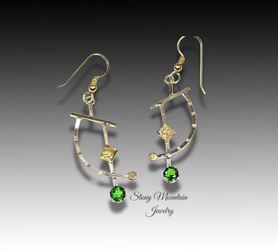 Alternate image for Chrome Diopside Earrings, Modern Mixed Metal Designer Earrings, Contemporary Handmade Artisan Statement Earrings
