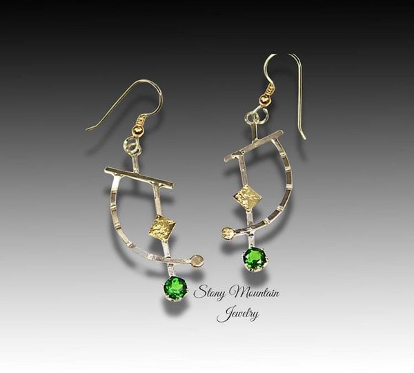 Alternate image for Chrome Diopside Earrings, Modern Mixed Metal Designer Earrings, Contemporary Handmade Artisan Statement Earrings