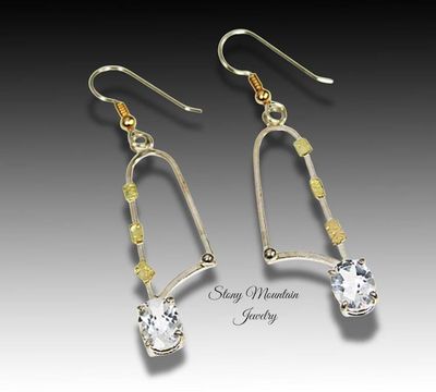 Alternate image for White Topaz Earrings, Modern Mixed Metal Designer Earrings, Contemporary Handmade Artisan Statement Earrings