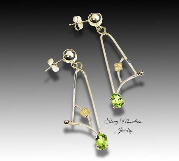Alternate image for Peridot Earrings, Modern Mixed Metal Designer Earrings, Contemporary Handmade Artisan Statement Earrings