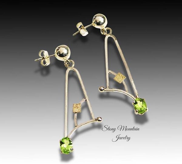Alternate image for Peridot Earrings, Modern Mixed Metal Designer Earrings, Contemporary Handmade Artisan Statement Earrings