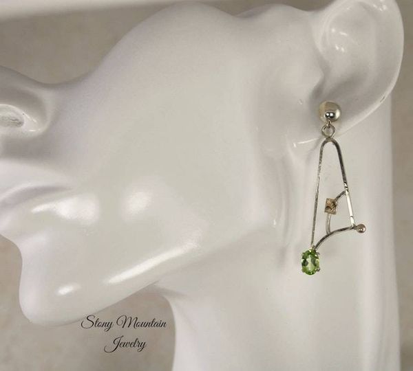 Alternate image for Peridot Earrings, Modern Mixed Metal Designer Earrings, Contemporary Handmade Artisan Statement Earrings
