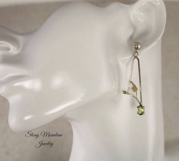Alternate image for Peridot Earrings, Modern Mixed Metal Designer Earrings, Contemporary Handmade Artisan Statement Earrings