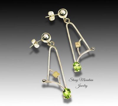 Alternate image for Peridot Earrings, Modern Mixed Metal Designer Earrings, Contemporary Handmade Artisan Statement Earrings