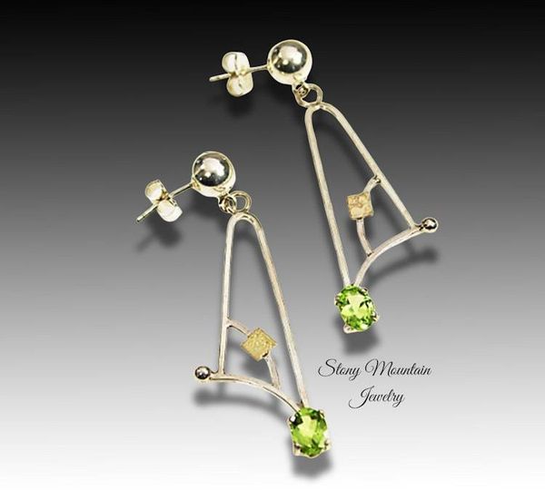 Alternate image for Peridot Earrings, Modern Mixed Metal Designer Earrings, Contemporary Handmade Artisan Statement Earrings
