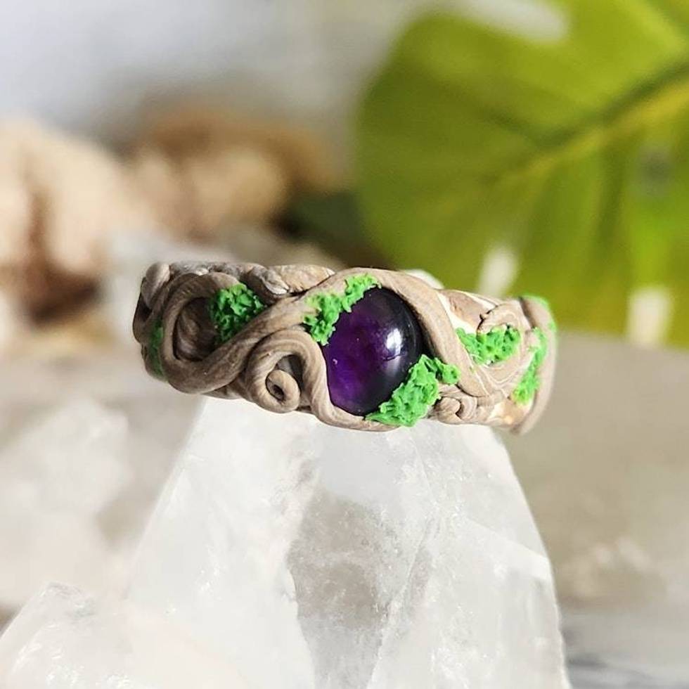 Amethyst Polymer Clay and Stainless Steel Ring