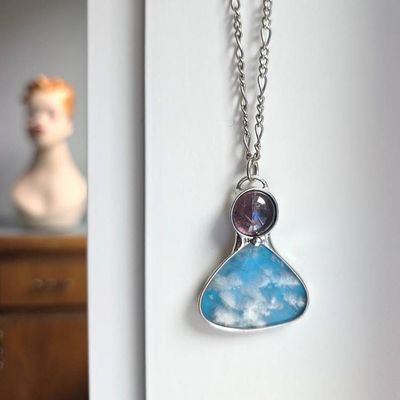 Alternate image for Purple Glass Over Blue Agate Stone Pendant, Handmade Sky Blue Doublet Necklace, Artisan Jewelry