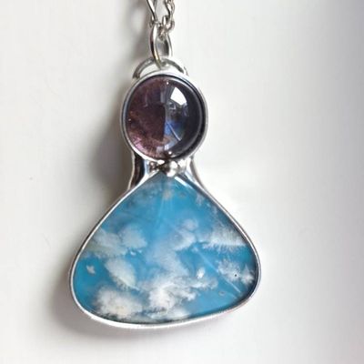 Alternate image for Purple Glass Over Blue Agate Stone Pendant, Handmade Sky Blue Doublet Necklace, Artisan Jewelry