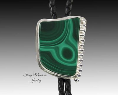 Alternate image for Unique Custom Wedding Bolo Tie, Modern One of a Kind Handcrafted Malachite Designer Bolo Tie, Sterling Silver Bolo Ties for Men or Women