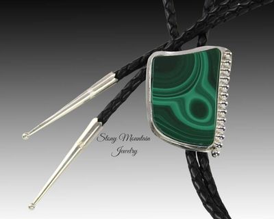 Alternate image for Unique Custom Wedding Bolo Tie, Modern One of a Kind Handcrafted Malachite Designer Bolo Tie, Sterling Silver Bolo Ties for Men or Women