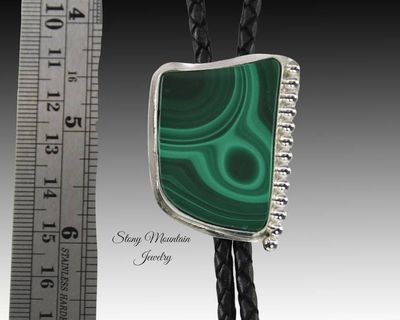 Alternate image for Unique Custom Wedding Bolo Tie, Modern One of a Kind Handcrafted Malachite Designer Bolo Tie, Sterling Silver Bolo Ties for Men or Women