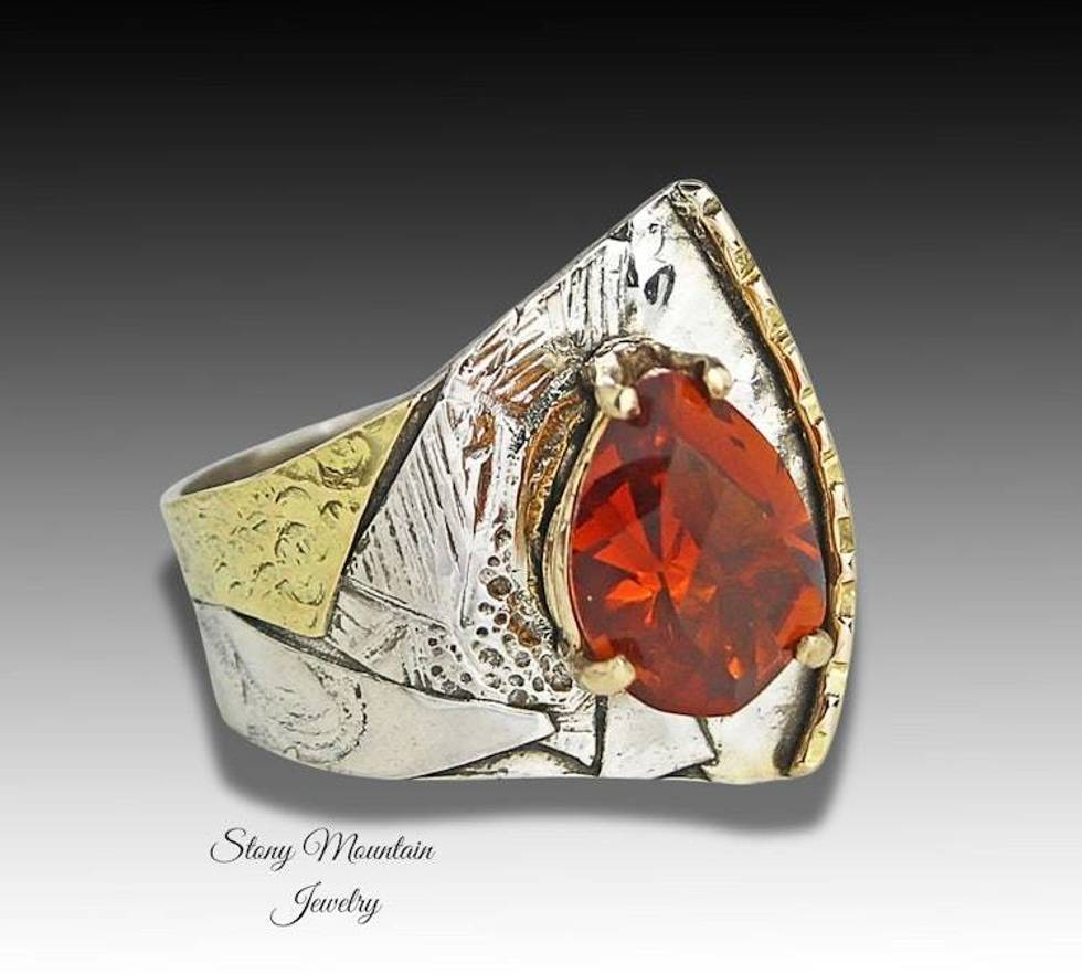 Unique Rio Grande Citrine Ring, Contemporary Mixed Metal Mine Cut Dark Citrine Ring, Wide Sophisticated Gemstone Cocktail Ring