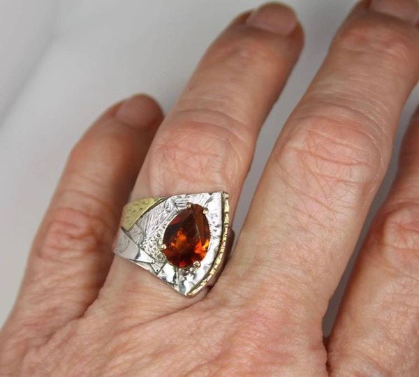 Alternate image for Unique Rio Grande Citrine Ring, Contemporary Mixed Metal Mine Cut Dark Citrine Ring, Wide Sophisticated Gemstone Cocktail Ring