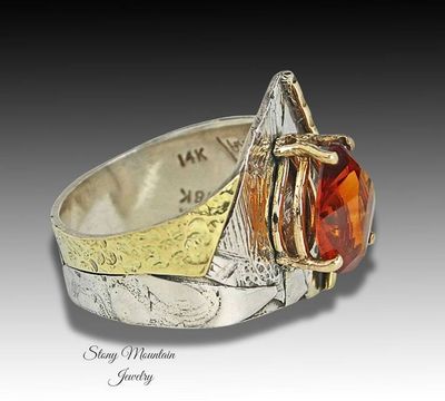 Alternate image for Unique Rio Grande Citrine Ring, Contemporary Mixed Metal Mine Cut Dark Citrine Ring, Wide Sophisticated Gemstone Cocktail Ring