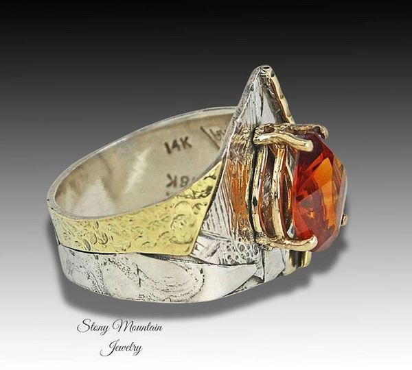 Alternate image for Unique Rio Grande Citrine Ring, Contemporary Mixed Metal Mine Cut Dark Citrine Ring, Wide Sophisticated Gemstone Cocktail Ring