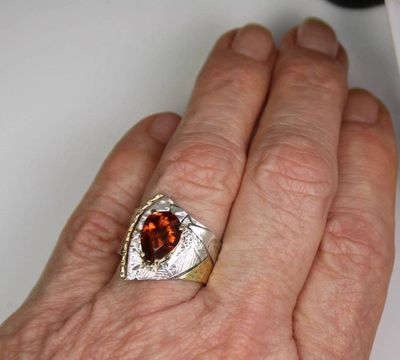 Alternate image for Unique Rio Grande Citrine Ring, Contemporary Mixed Metal Mine Cut Dark Citrine Ring, Wide Sophisticated Gemstone Cocktail Ring