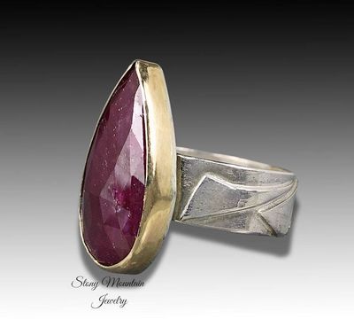 Alternate image for Rose Cut Ruby Ring, Contemporary Modern Ruby Cocktail Ring, One of a Kind Mixed Metal Designer Ring, Unique Large Wide Statement Ring