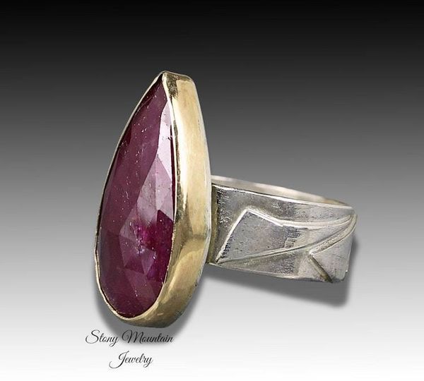 Alternate image for Rose Cut Ruby Ring, Contemporary Modern Ruby Cocktail Ring, One of a Kind Mixed Metal Designer Ring, Unique Large Wide Statement Ring