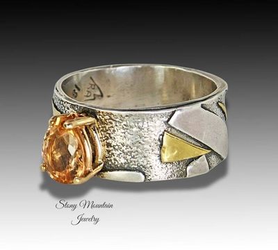 Alternate image for Imperial Topaz Ring, Genuine Precious Topaz Mixed Metal Ring, Rare Ouro Preto Imperial Topaz Wide Wedding Ring, November Birthstone Size 8