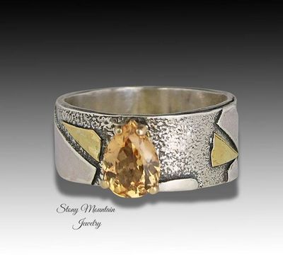 Alternate image for Imperial Topaz Ring, Genuine Precious Topaz Mixed Metal Ring, Rare Ouro Preto Imperial Topaz Wide Wedding Ring, November Birthstone Size 8