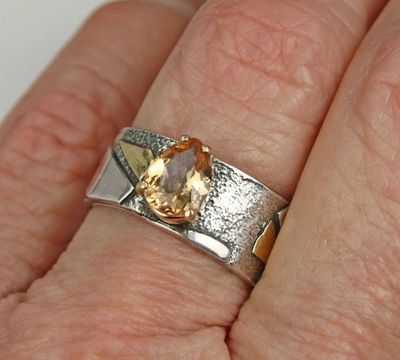 Alternate image for Imperial Topaz Ring, Genuine Precious Topaz Mixed Metal Ring, Rare Ouro Preto Imperial Topaz Wide Wedding Ring, November Birthstone Size 8