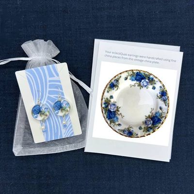 Alternate image for Vintage Royal Albert Moonlight Rose China Earrings handmade with Sterling Silver, Elegant Blue Rose Broken China Jewelry