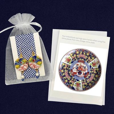 Alternate image for Japanese Imari Porcelain Earrings upcycled with Vintage Imari Ware, Eclectic Birthday Gift for Her