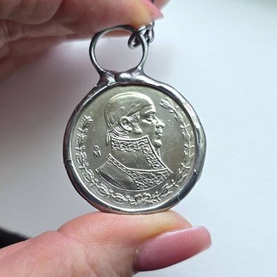 Main image for 1958 Mexican Peso Necklace, Handmade Coin Pendant, Vintage Mexico Currency Jewelry