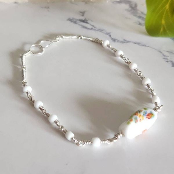 Alternate image for Porcelain Flower Beaded Sterling Silver Bracelet