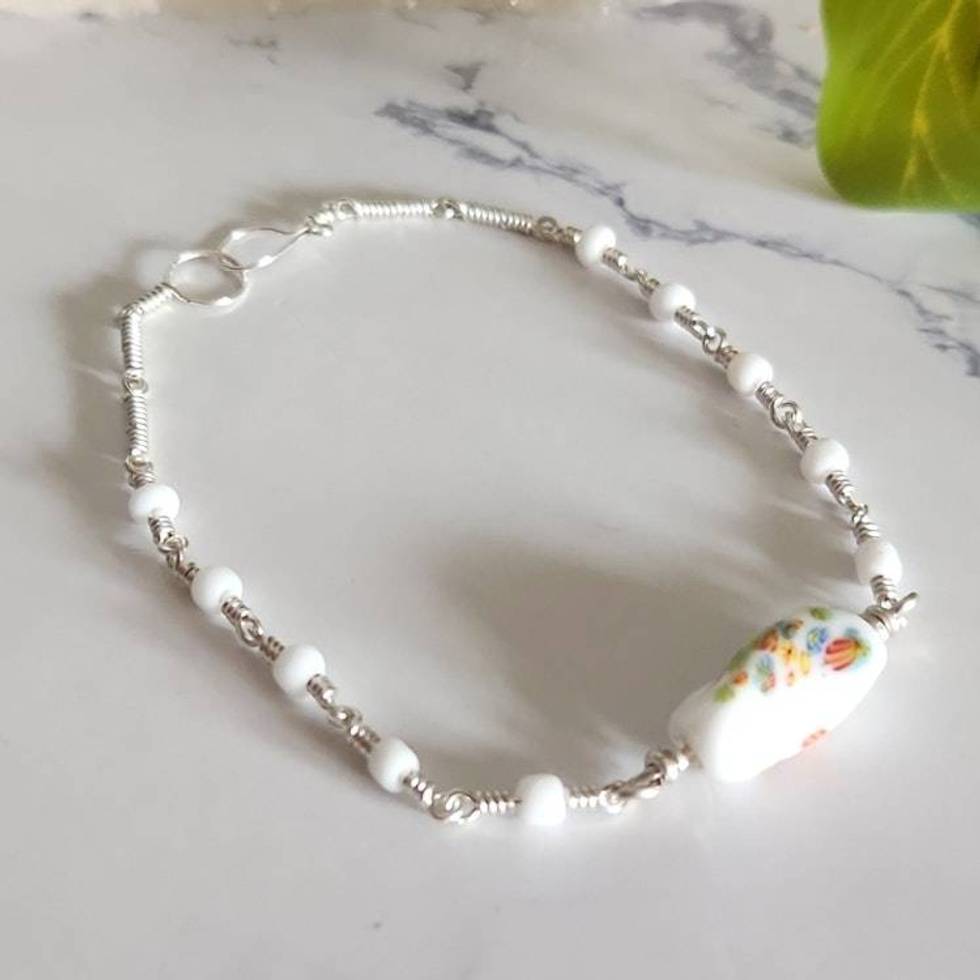 Porcelain Flower Beaded Sterling Silver Bracelet