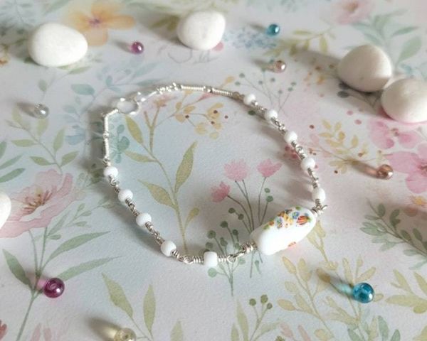Alternate image for Porcelain Flower Beaded Sterling Silver Bracelet