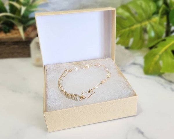 Alternate image for 14k Gold Wire Wrapped Moonstone and Pearl Bracelet