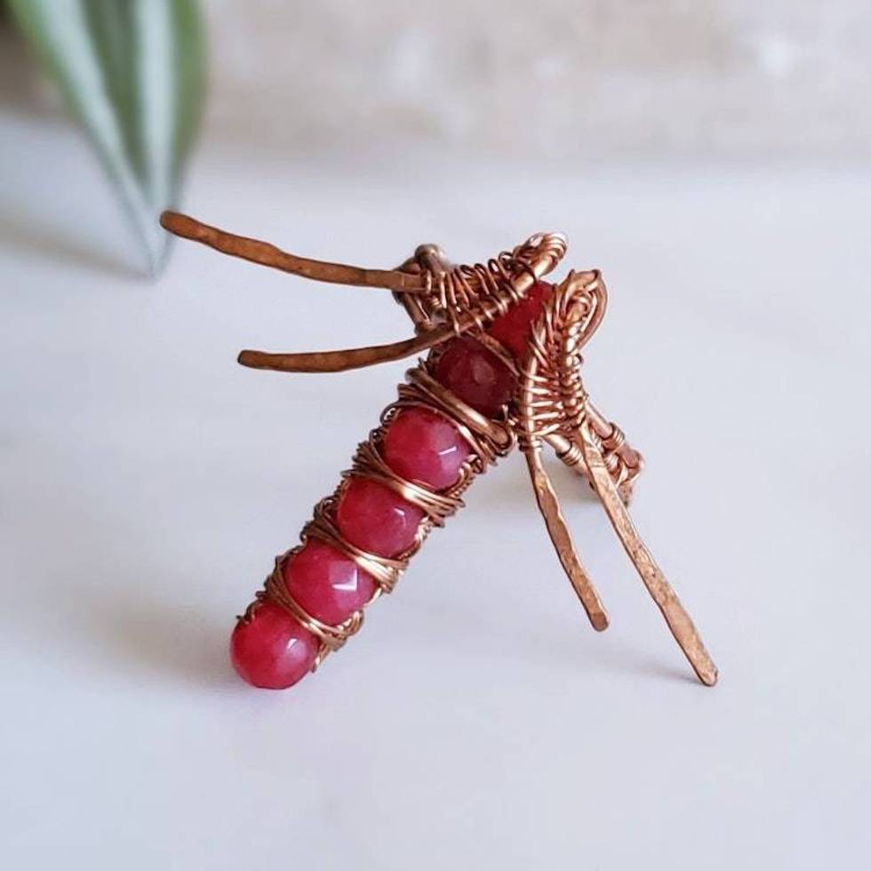 Ruby Dragonfly Copper Wire Wrapped Ring