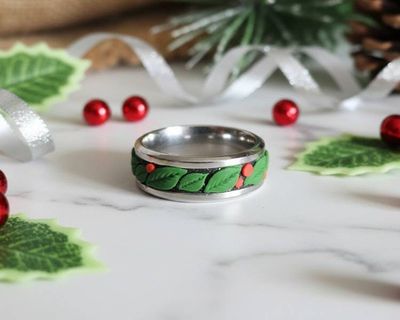 Alternate image for Christmas Berry Polymer Clay and Stainless Steel Ring
