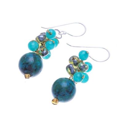 Alternate image for Serpentine and Quartz Dangle Earrings from Thailand Fun Circles in Teal