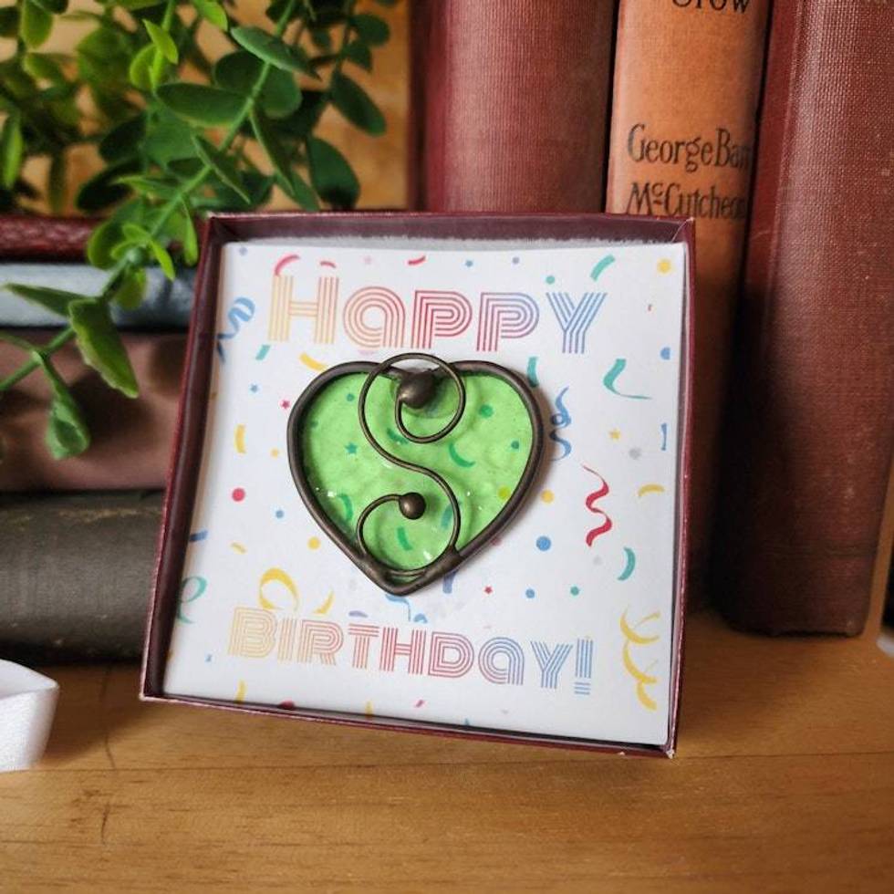 Stained Glass Heart in Peridot Green, Gift boxed with Message Card