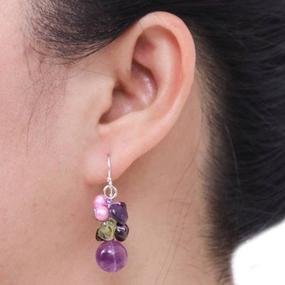 Alternate image for Handcrafted Amethyst and Pearl Dangle Earrings Bright Bouquet