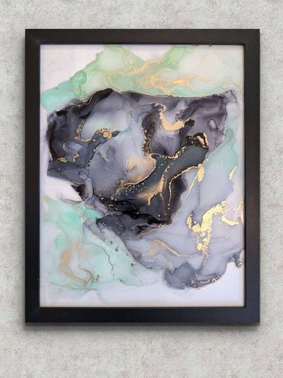 Primary image for Aura of Opulence Alcohol Ink Painting on Glass Black Mint Gold Hanging 11 x 14