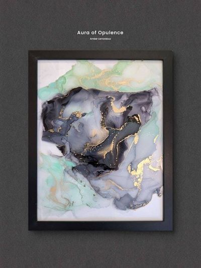 Alternate image for Aura of Opulence Alcohol Ink Painting on Glass Black Mint Gold Hanging 11 x 14