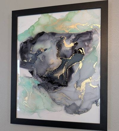 Alternate image for Aura of Opulence Alcohol Ink Painting on Glass Black Mint Gold Hanging 11 x 14