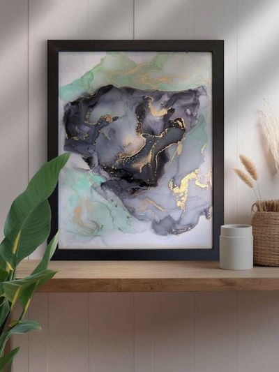 Alternate image for Aura of Opulence Alcohol Ink Painting on Glass Black Mint Gold Hanging 11 x 14