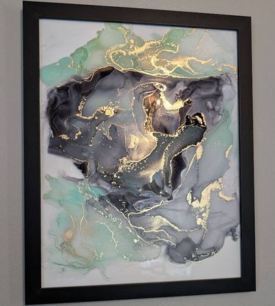 Alternate image for Aura of Opulence Alcohol Ink Painting on Glass Black Mint Gold Hanging 11 x 14