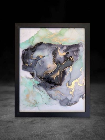 Alternate image for Aura of Opulence Alcohol Ink Painting on Glass Black Mint Gold Hanging 11 x 14
