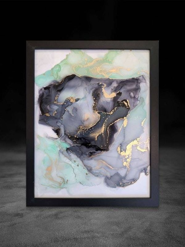 Alternate image for Aura of Opulence Alcohol Ink Painting on Glass Black Mint Gold Hanging 11 x 14