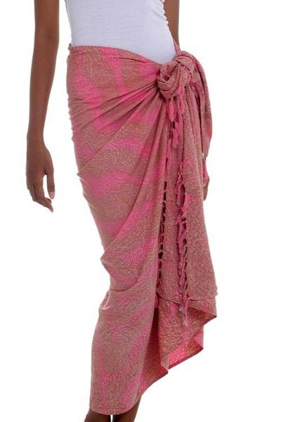 Alternate image for Handmade Pink and Brown Rayon Sarong from Indonesia Coral Flow