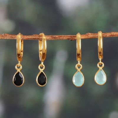 Alternate image for Set of 2 18k Gold-Plated Chalcedony and Onyx Dangle Earrings Dual Drops