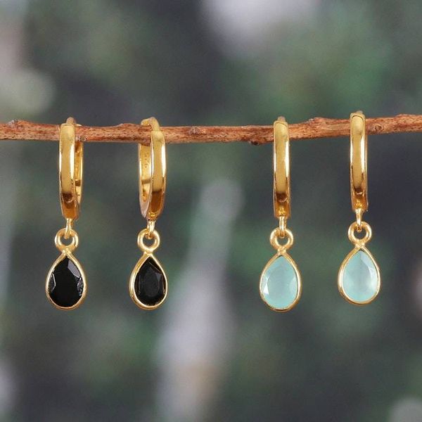 Alternate image for Set of 2 18k Gold-Plated Chalcedony and Onyx Dangle Earrings Dual Drops